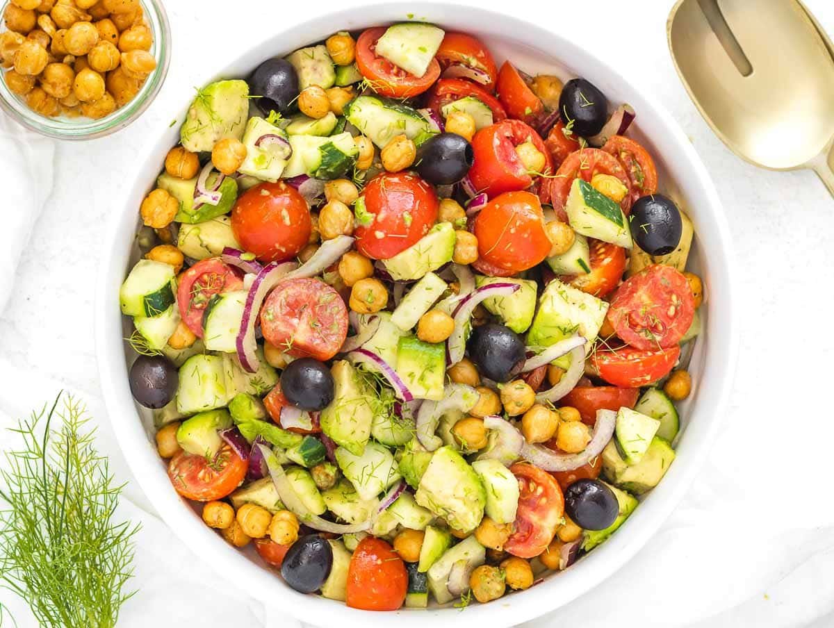 crispy chickpea and olives with avocado salad