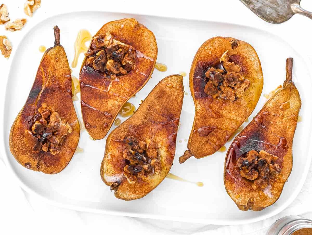 baked pears on a serving platter