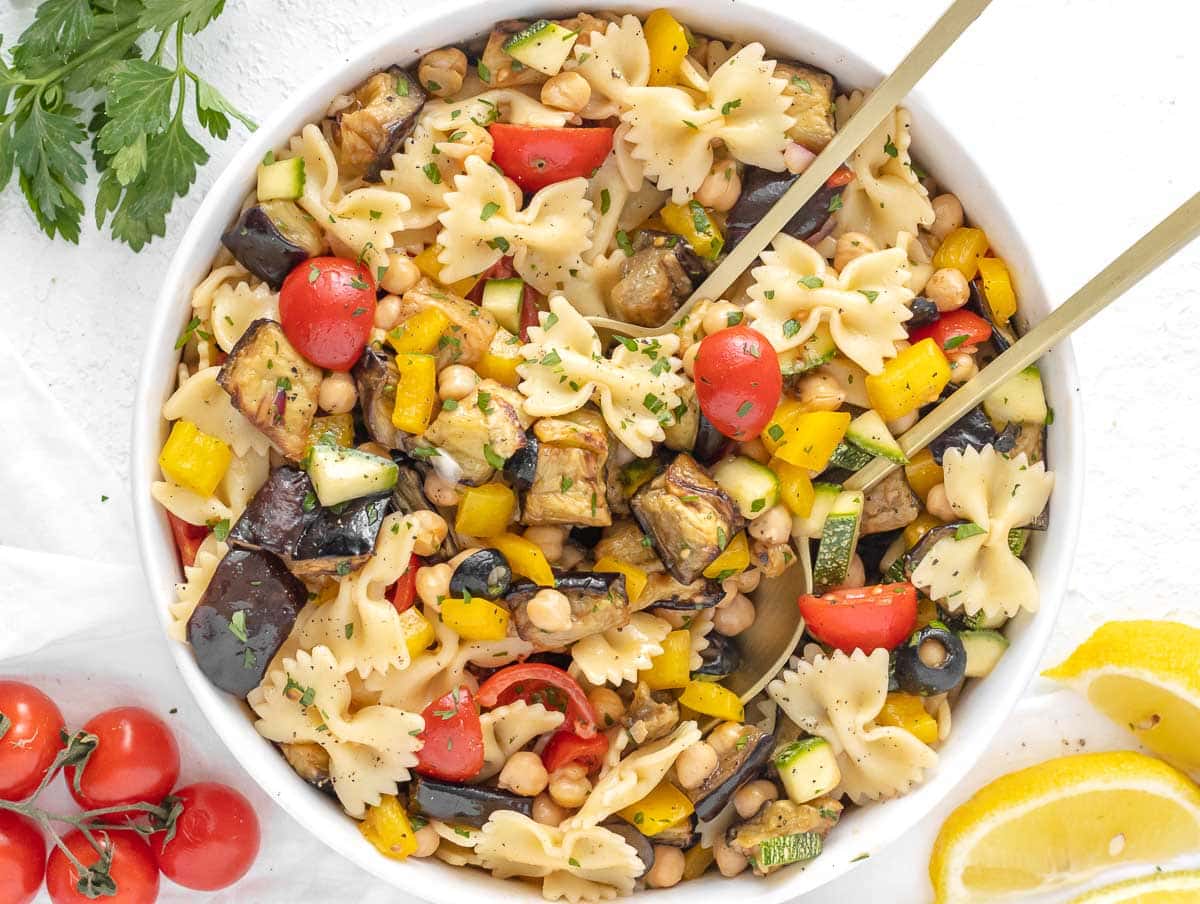 roasted eggplant salad with farfalle pasta