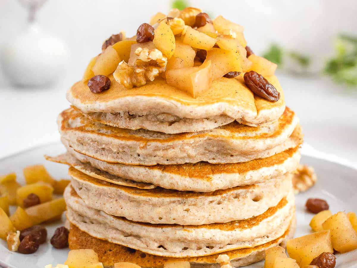 whole-wheat pancakes with apple compote on top