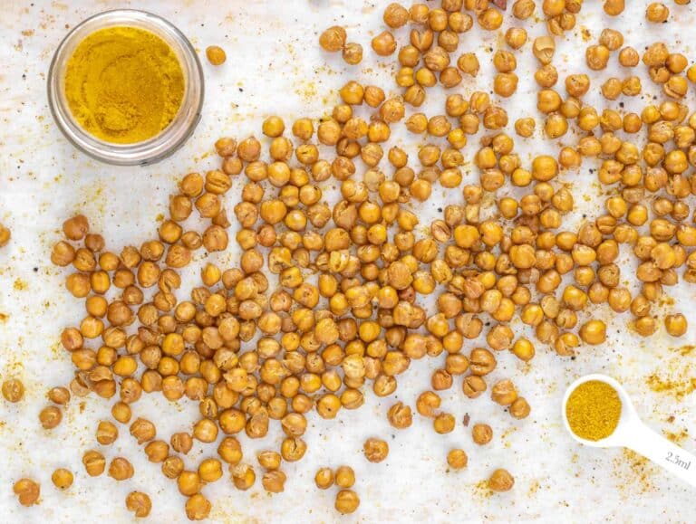 seasoning roasted chickpeas with curry powder