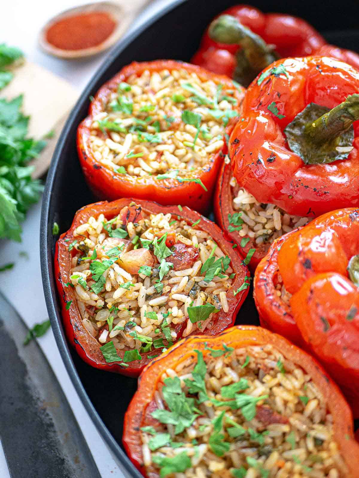 Stuffed Peppers with rice in a pan