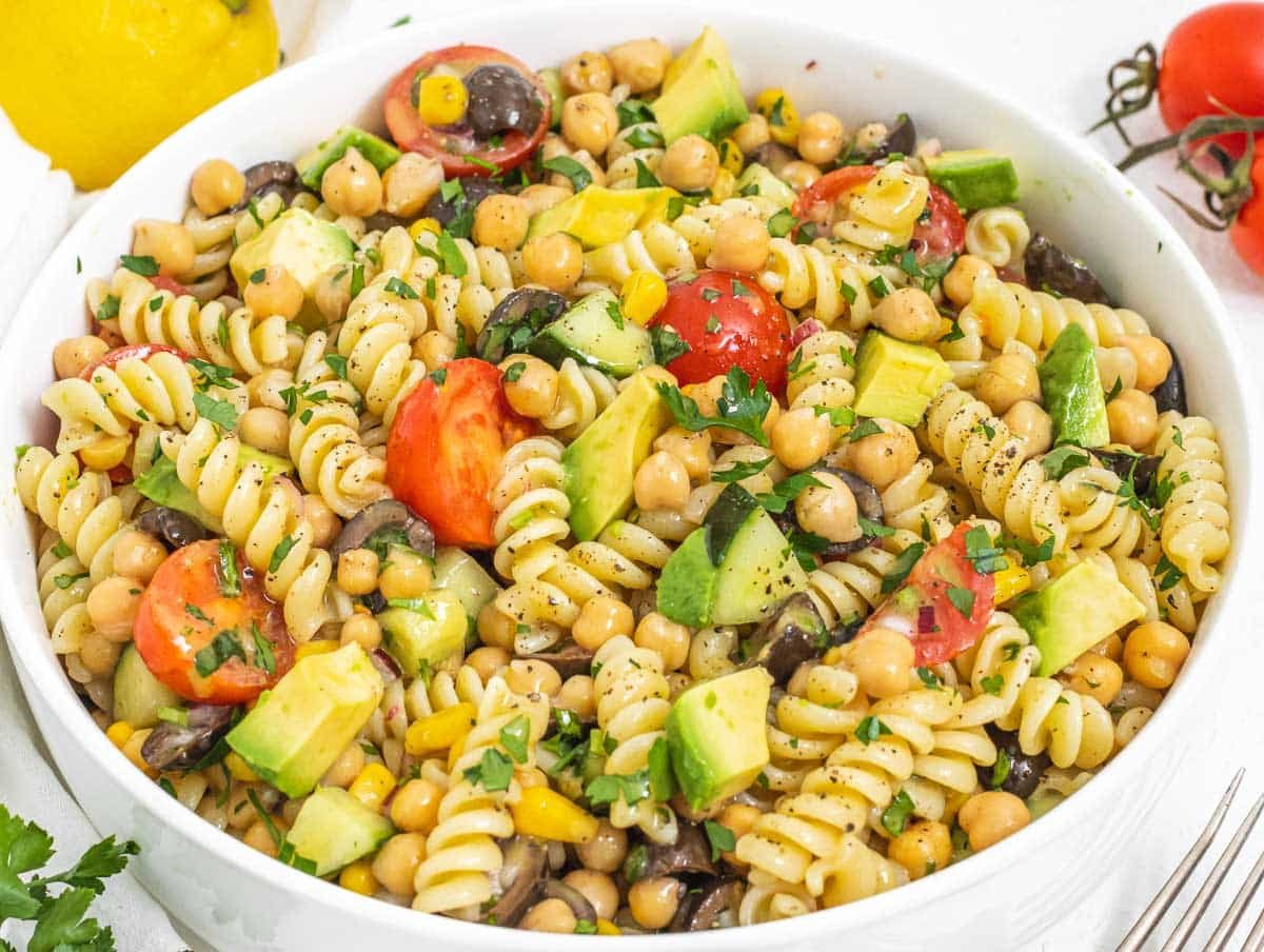 chickpea pasta salad with avocado