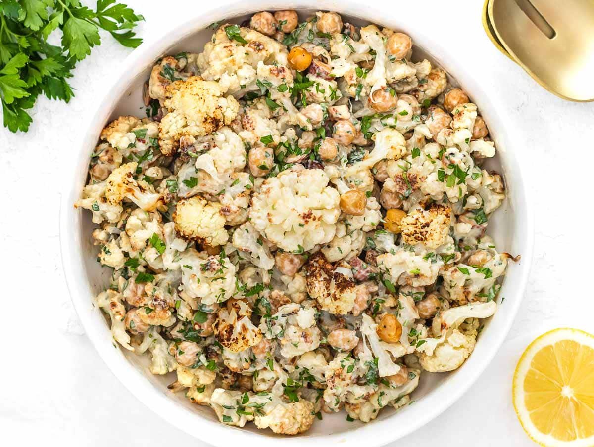 roasted cauliflower salad in a large bowl