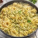 Easy cauliflower pasta with roasted cauliflower garlic and lemon served Mediterranean style.