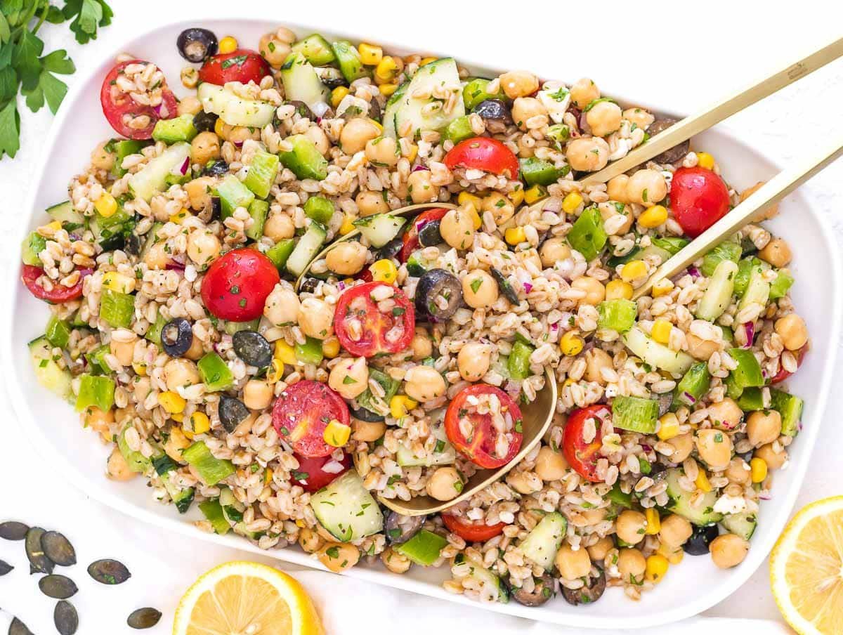 farro salad on a serving platter