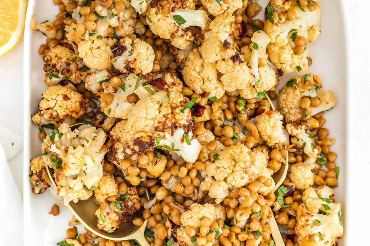 roasted cauliflower with lentils and cumin dressing