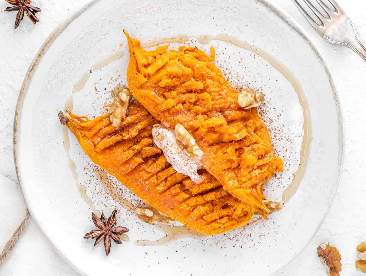 cinnamon and maple syrup baked sweet potato