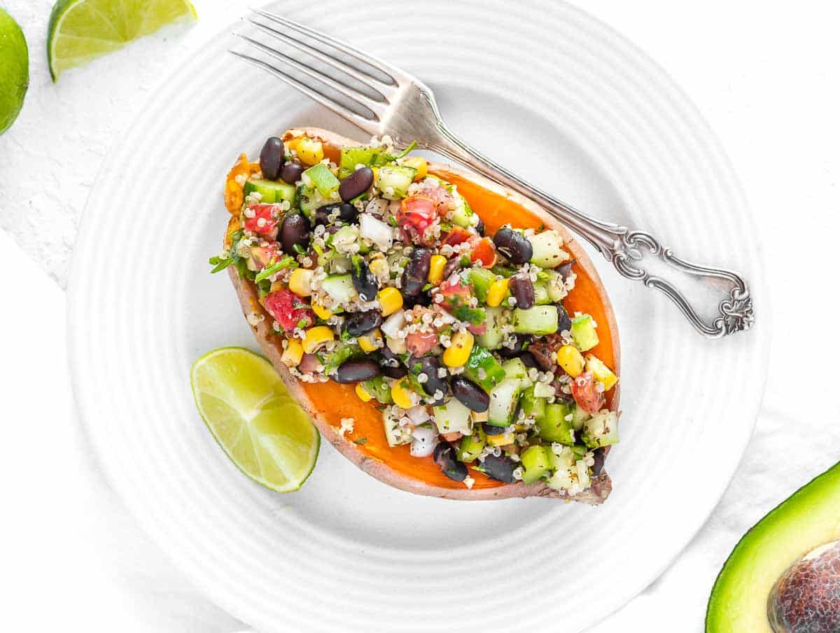 microwave sweet potato with black bean quinoa topping