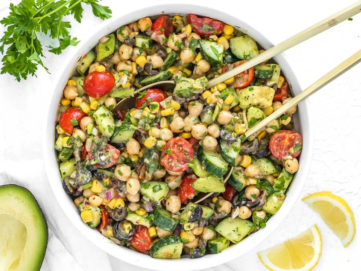 chickpea salad in a serving bowl