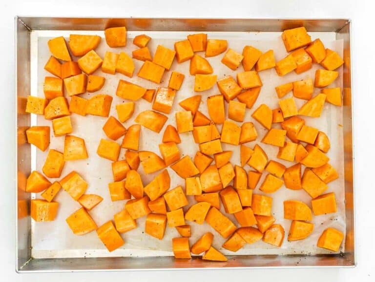 diced sweet potato on baking tray