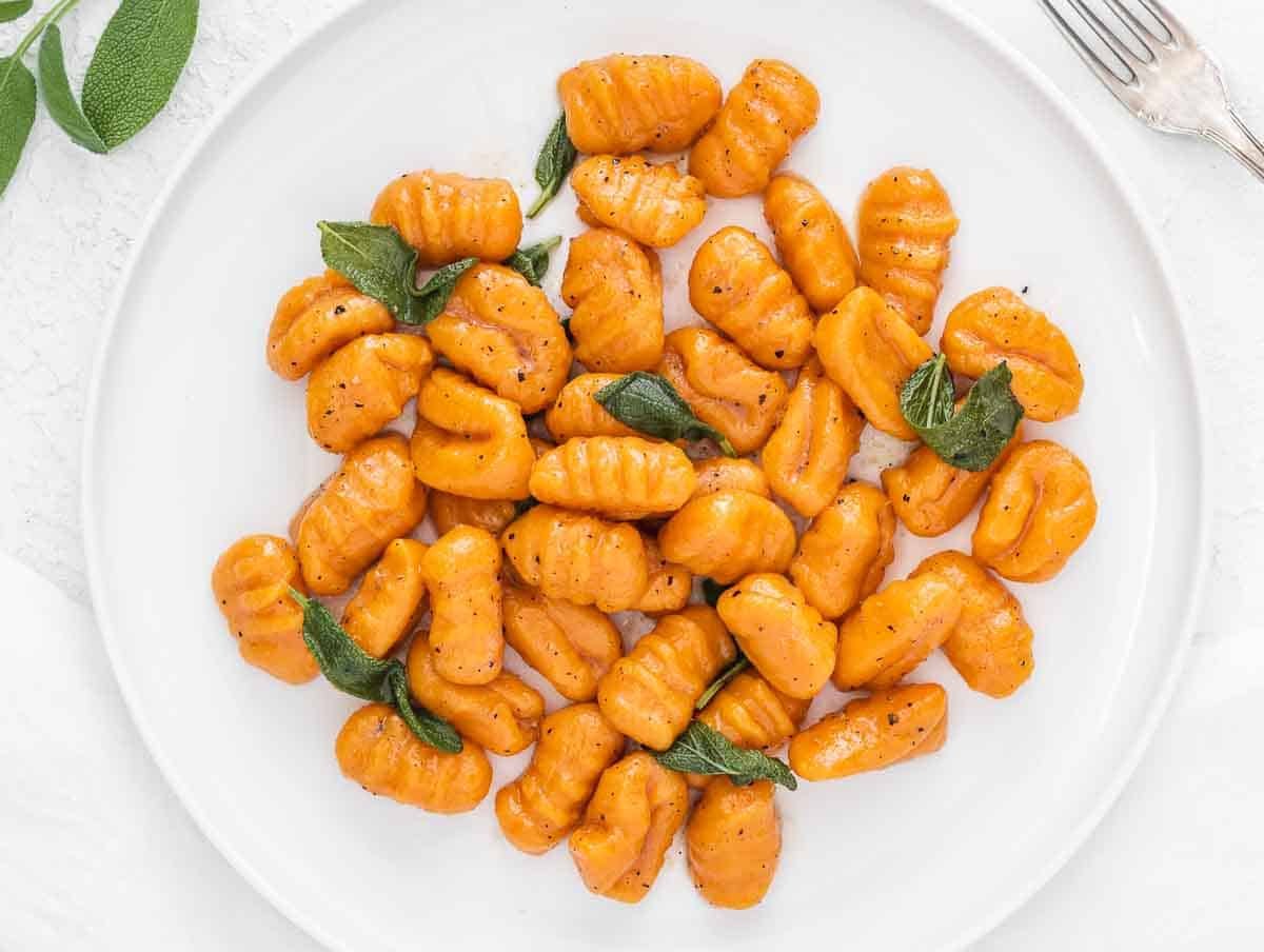 butter and sage sweet potato gnocchi on a plate