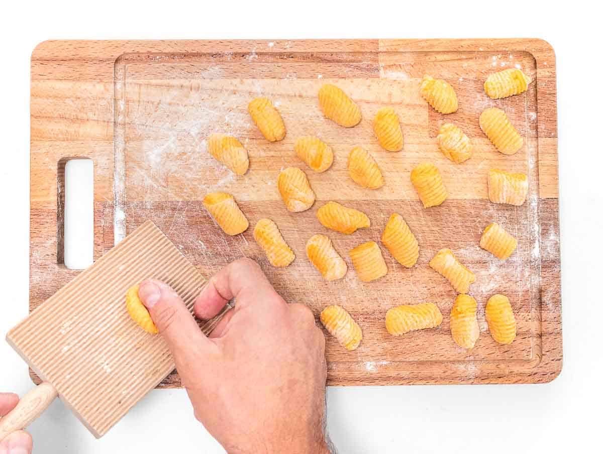 sweet potato gnocchi shaped with a gnocchi board