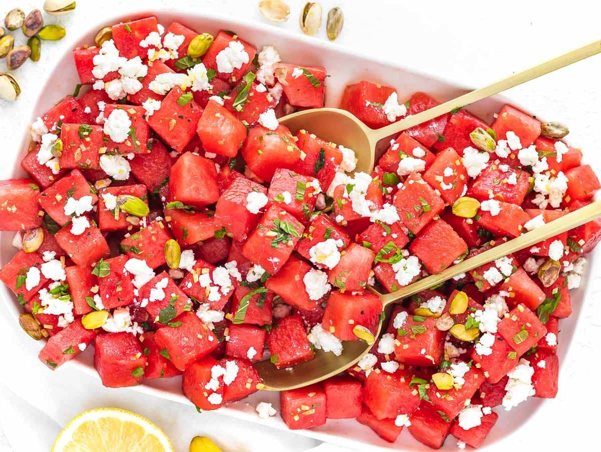 watermelon feta salad on a serving platter