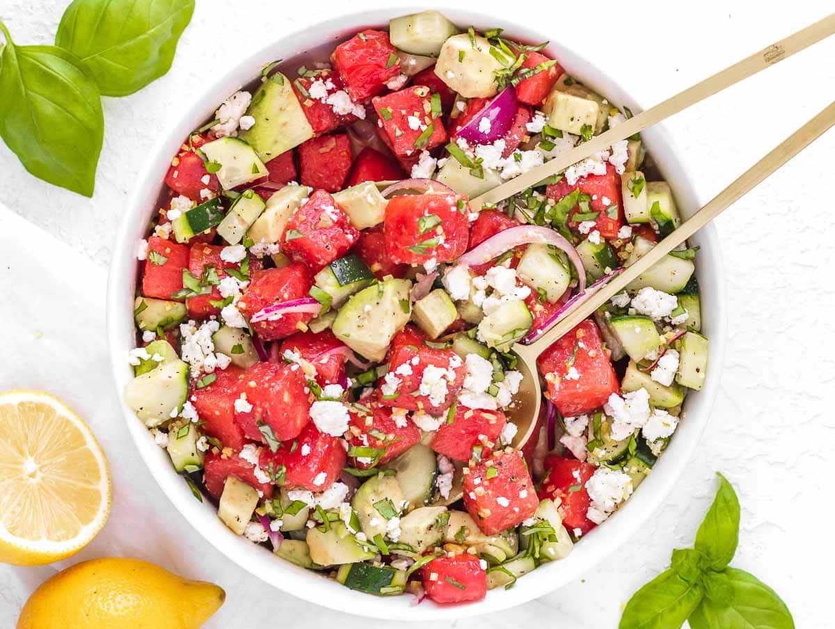 Watermelon cucumber salad with feta and avocado.