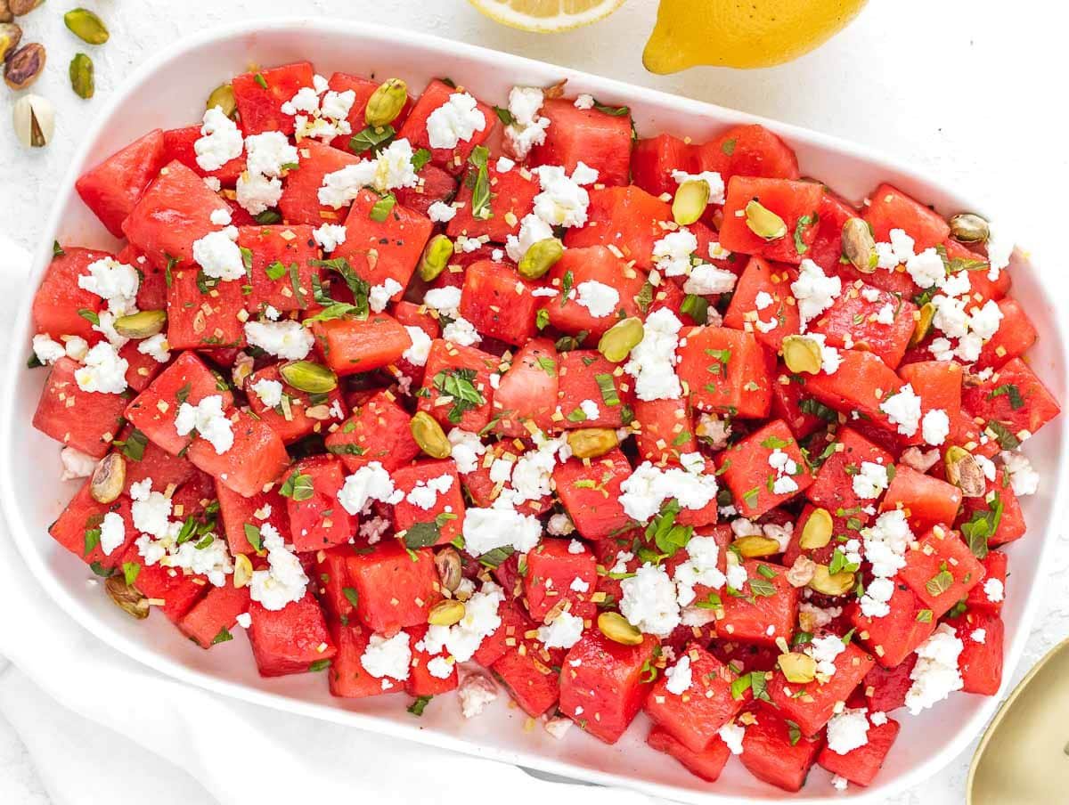 watermelon feta salad with mint and pistachios