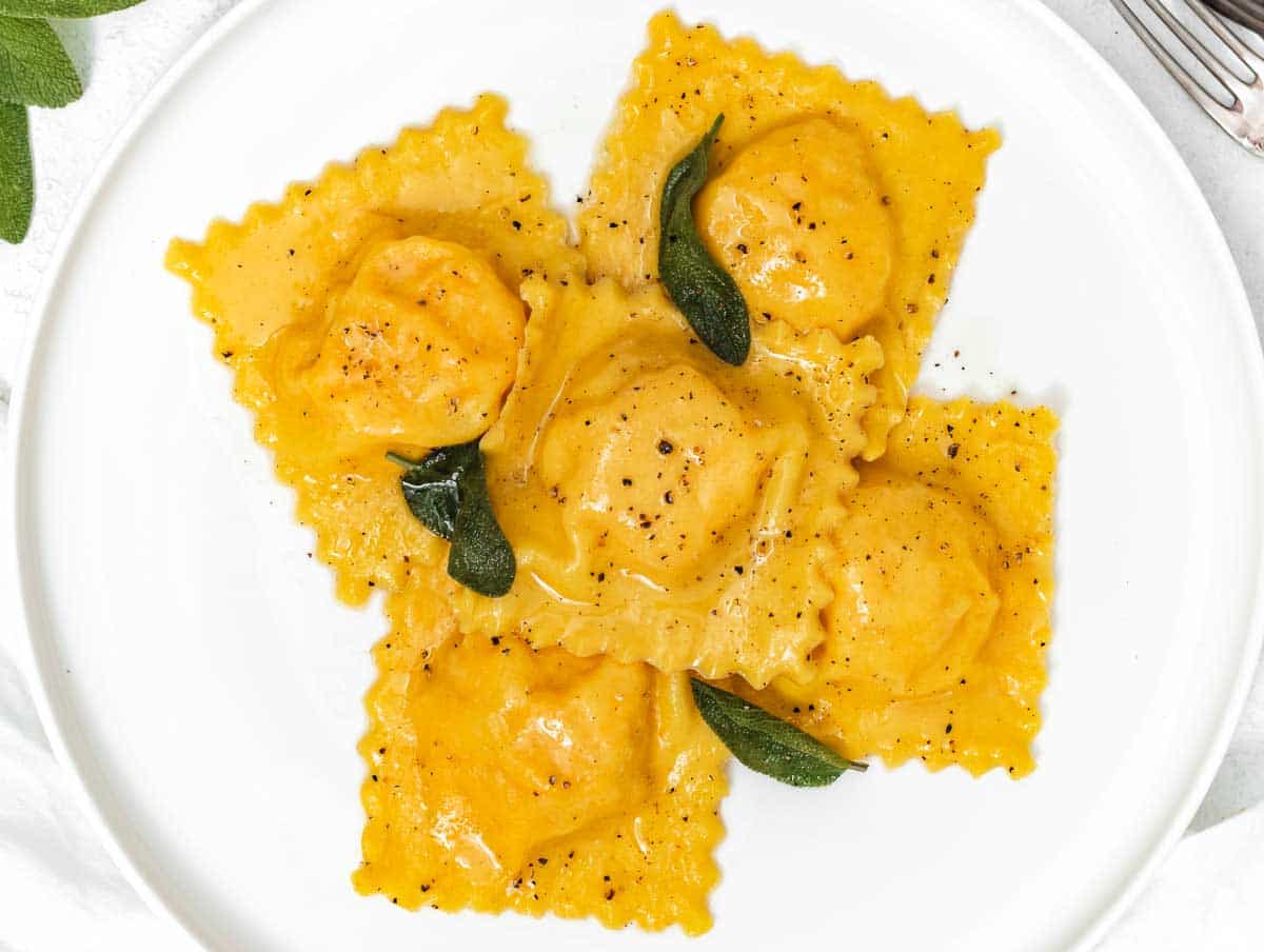 butternut squash ravioli with butter and sage