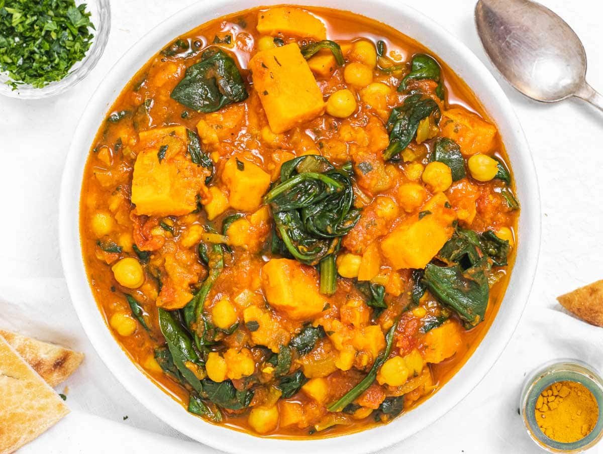 Chickpea Stew with spinach and a spoon