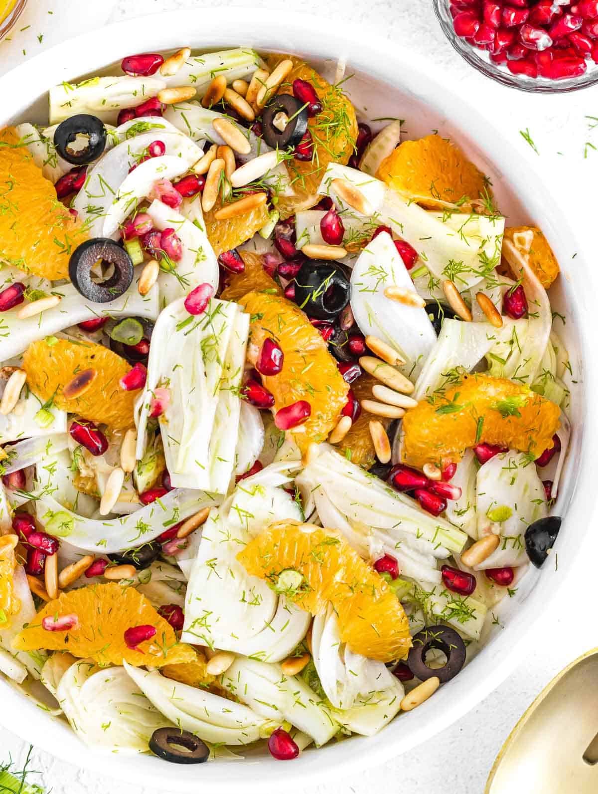 fennel orange salad in a white bowl