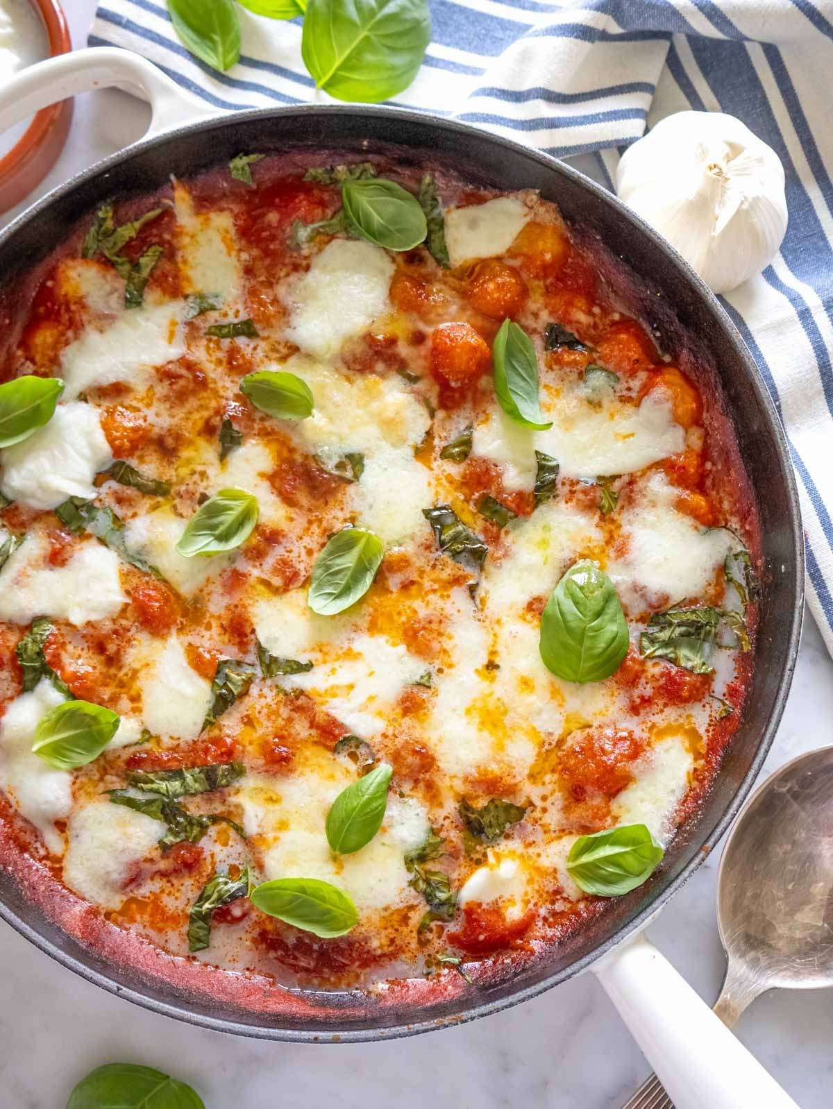 Gnocchi alla Sorrentina in a a skillet from a top down view
