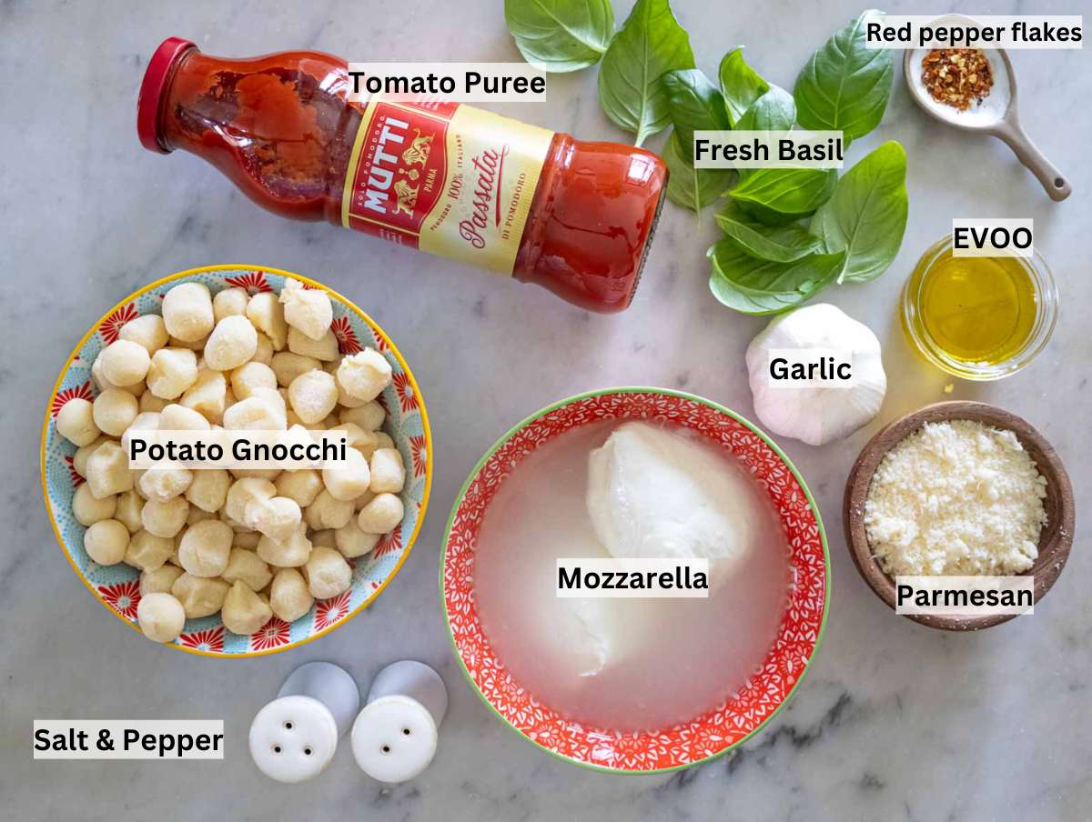 Ingredients for gnocchi alla Sorrentina prepped on a table