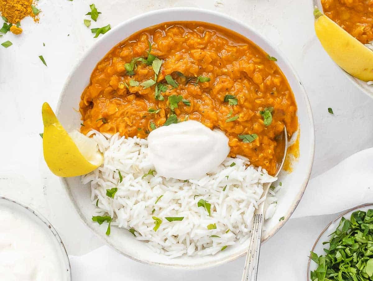 lentil curry with red lentils and basmati rice