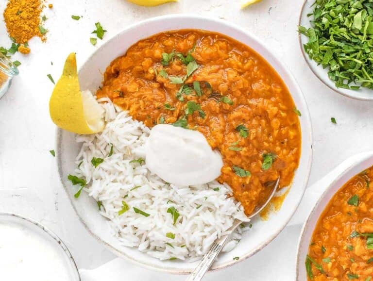 lentil curry with basmati rice and yogurt