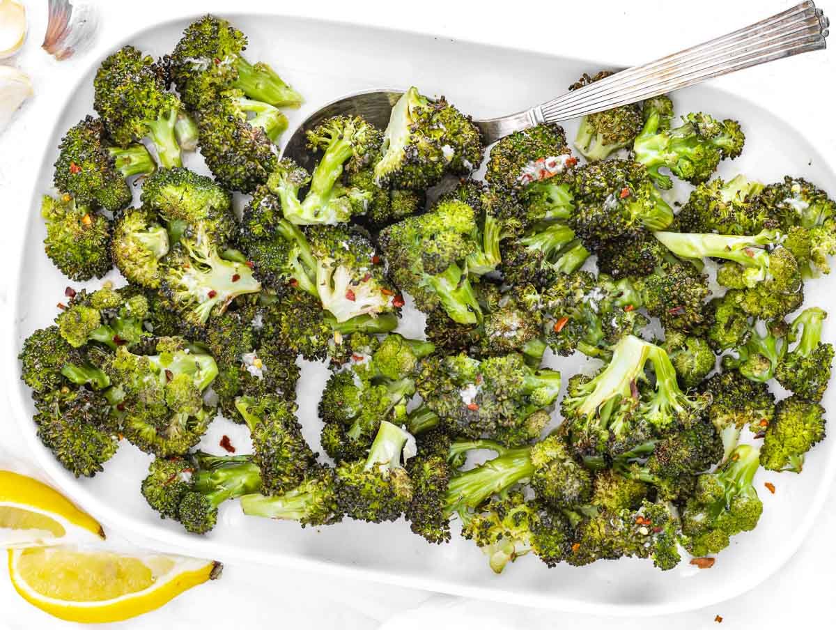 Baked broccoli on a platter