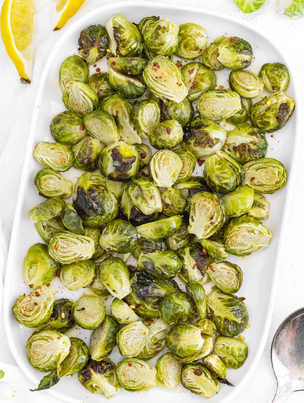 Roasted brussels sprouts on a platter