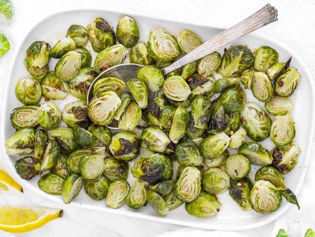 Roasted brussels sprouts on a platter