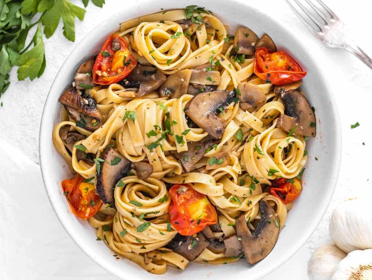 vegan mushroom pasta in a bowl