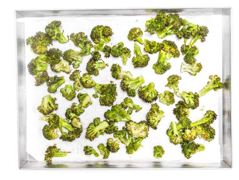 baked broccoli in a silver tray