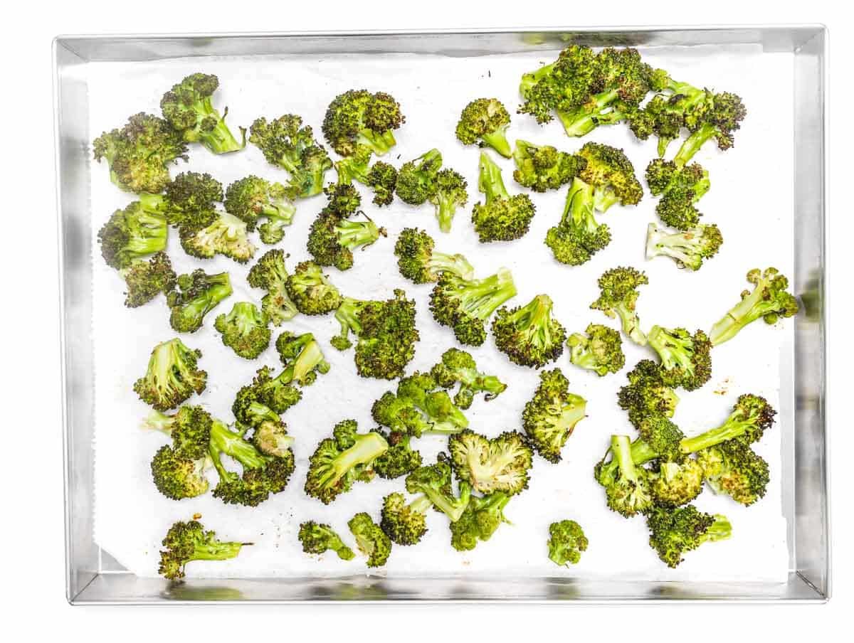 baked broccoli in a silver tray