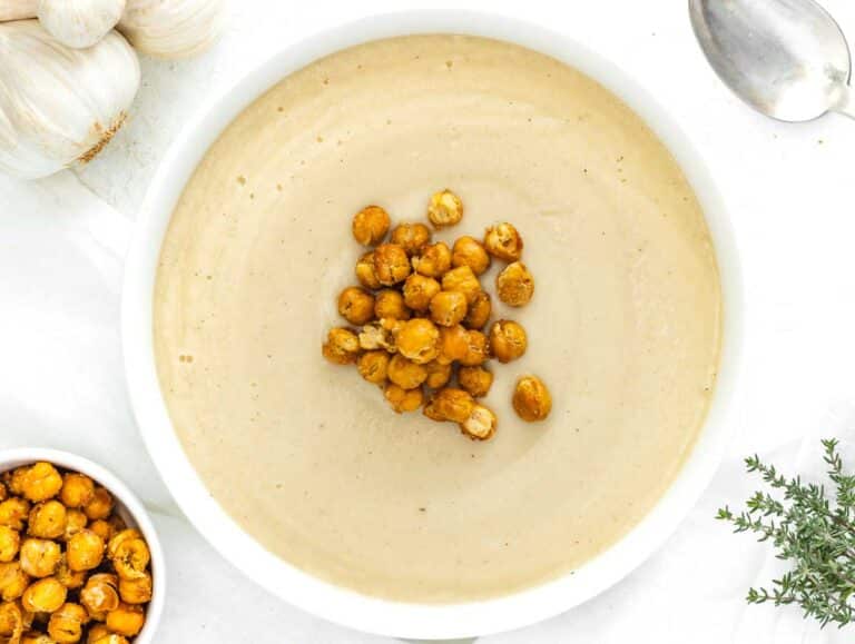 cauliflower soup served with roasted chickpeas