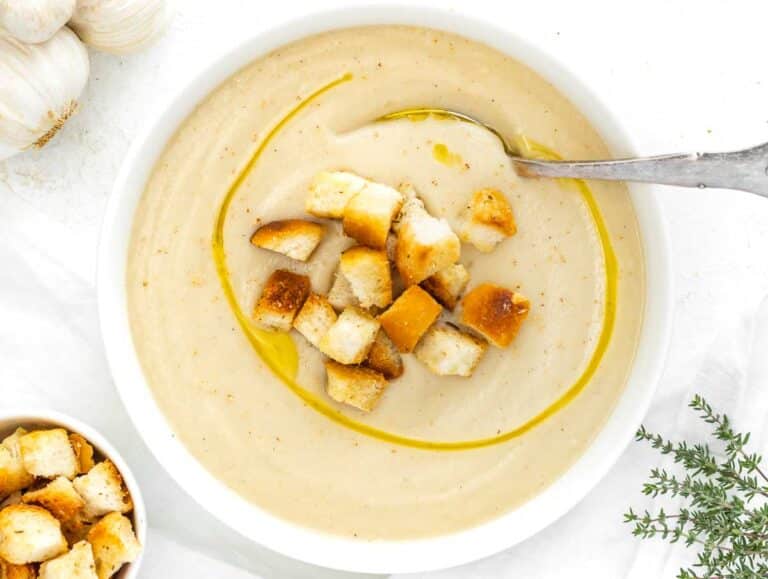 Cauliflower soup with homemade croutons.