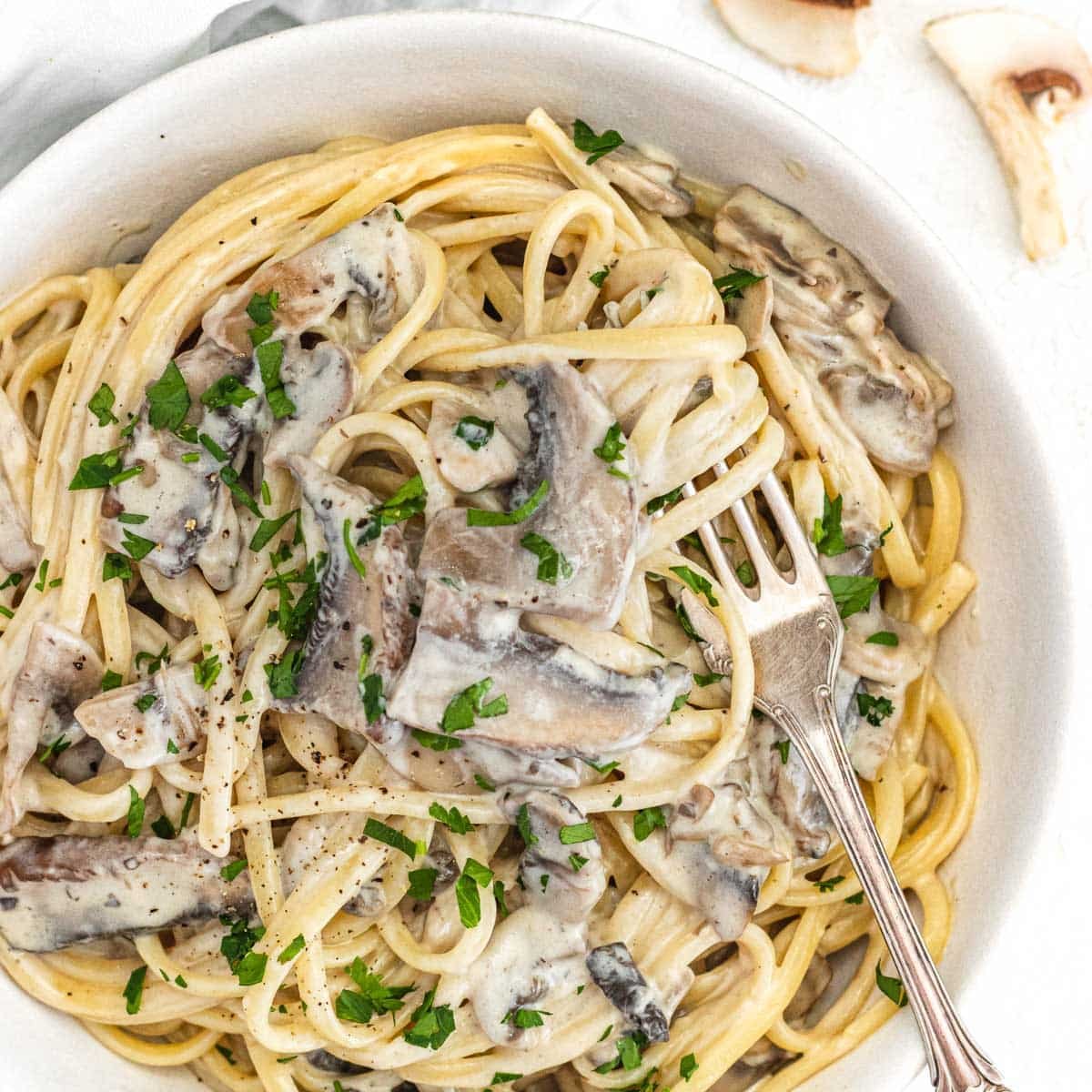 Alfredo mushroom pasta with fork