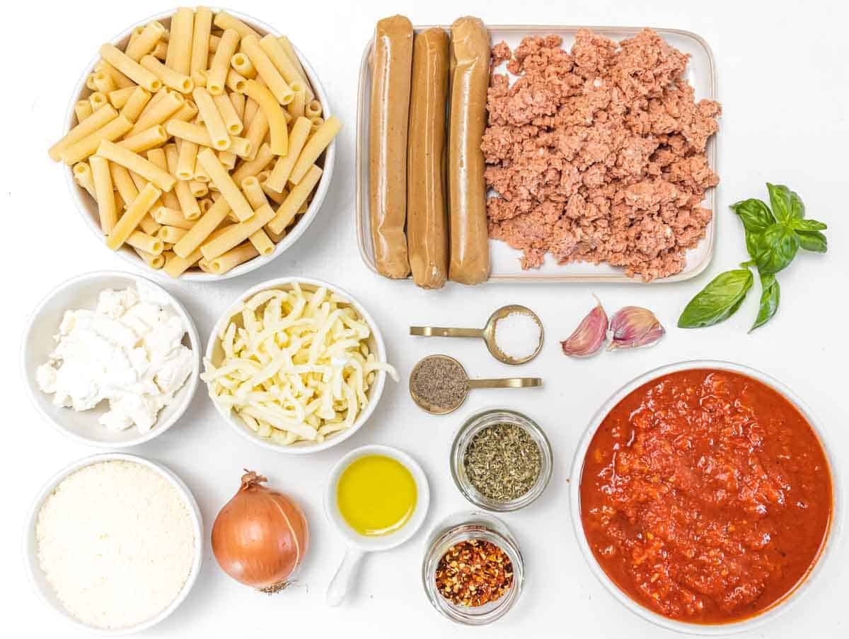 Ingredients for ziti pasta bake