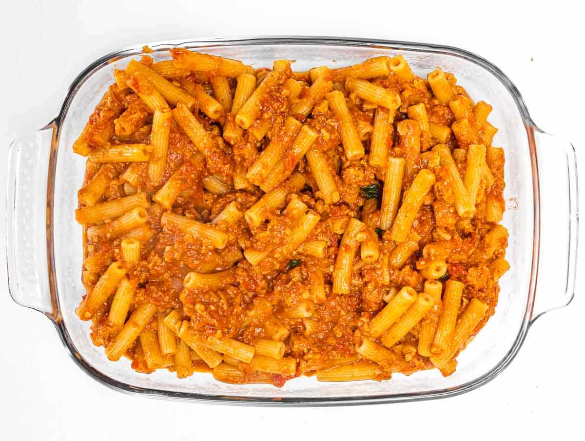 Baked ziti in a pan