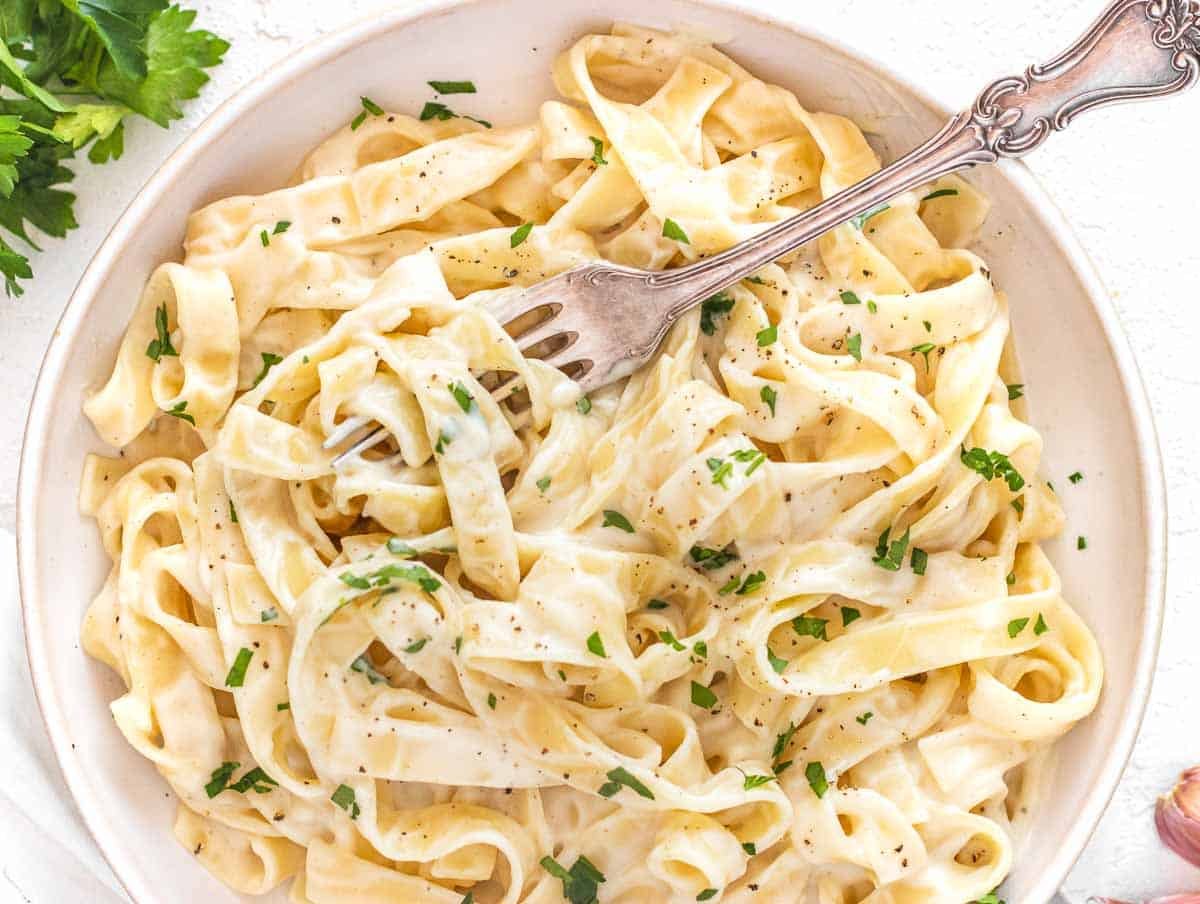 Cauliflower Alfredo with fork