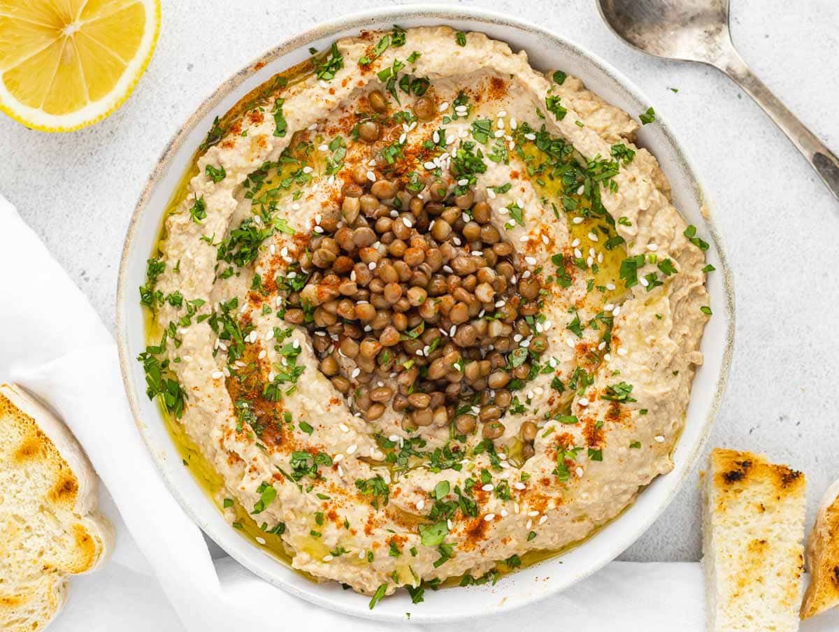 Lentil hummus topped with lentils