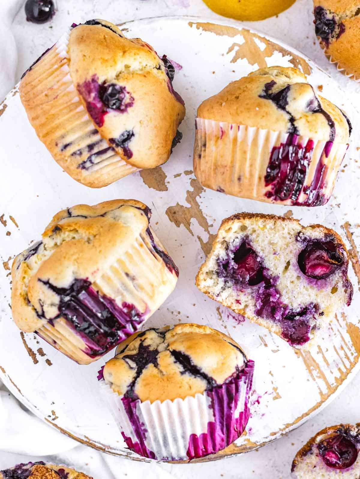 blueberry muffins on a serving board