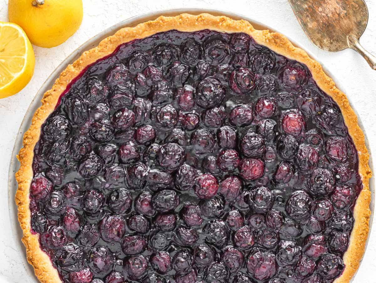 easy blueberry tart just out of the oven
