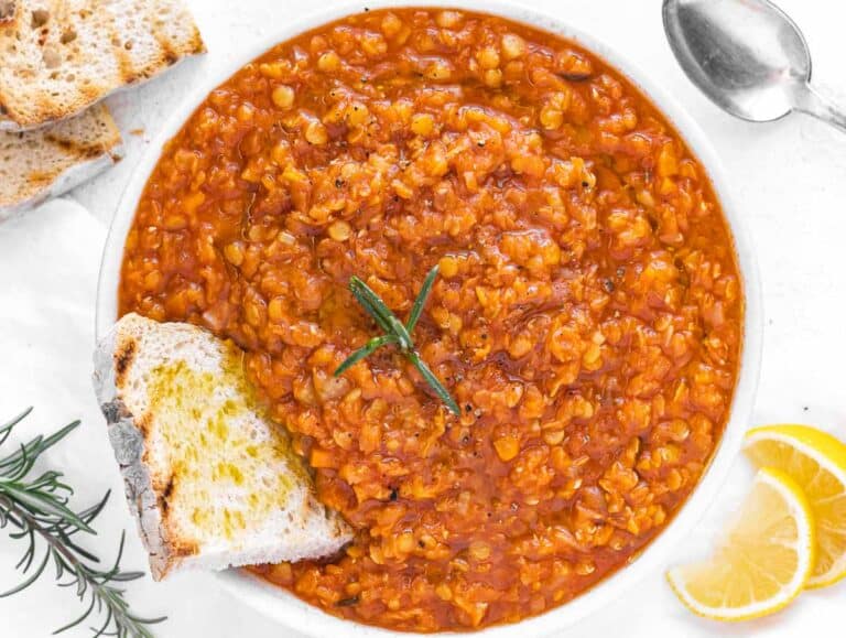 red lentil soup with lemons and toasted bread