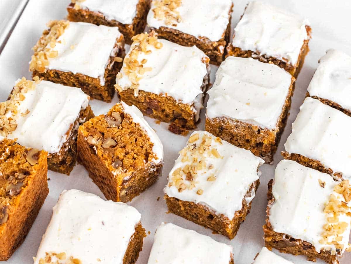 vegan carrot cake cut into squares