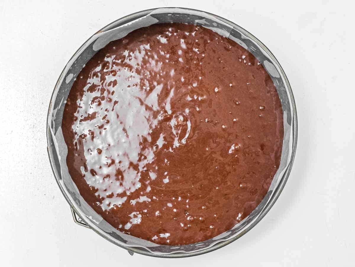 Chocolate batter in cake pan