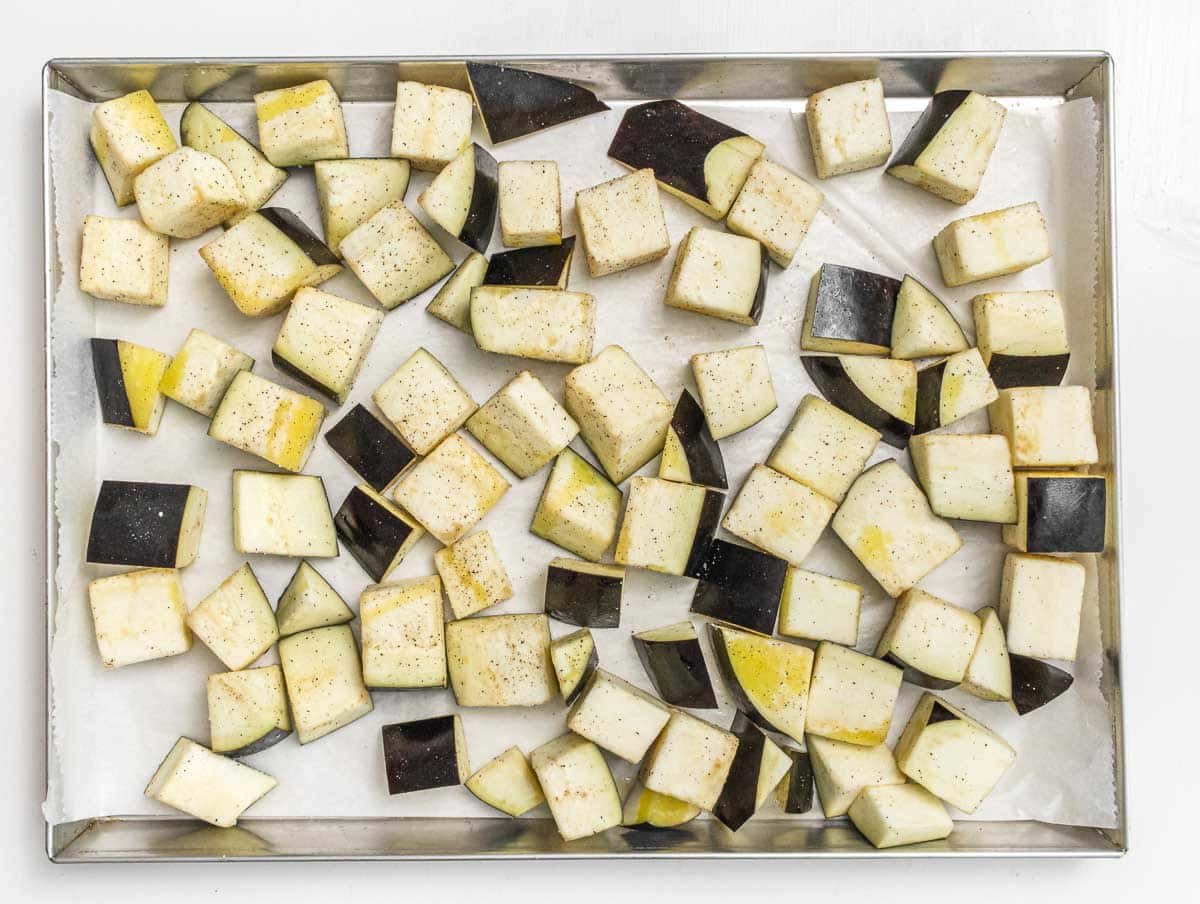 Eggplant cubes on baking tray