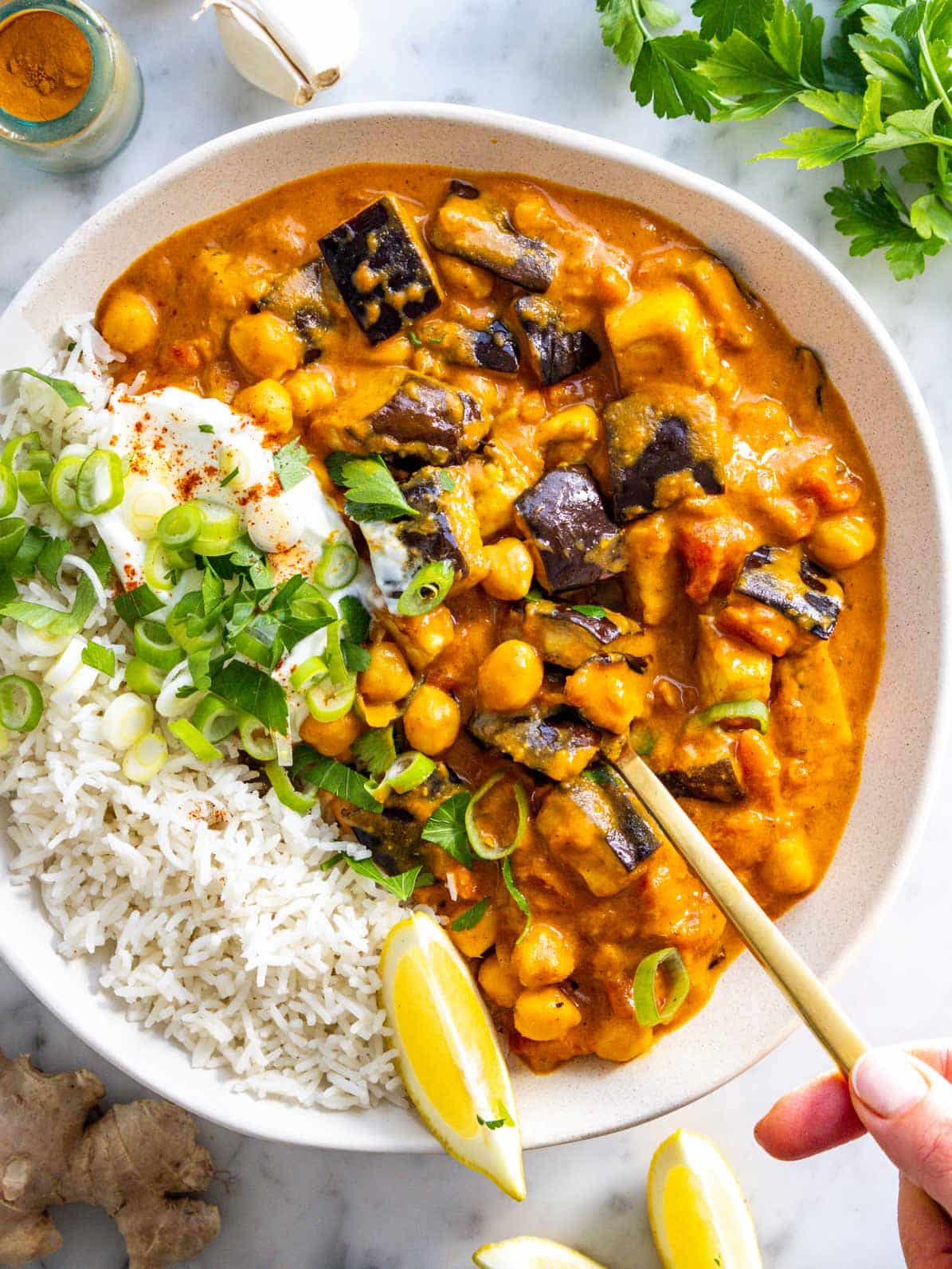 Eggplant curry with basmati rice and a hand holding a spoon.