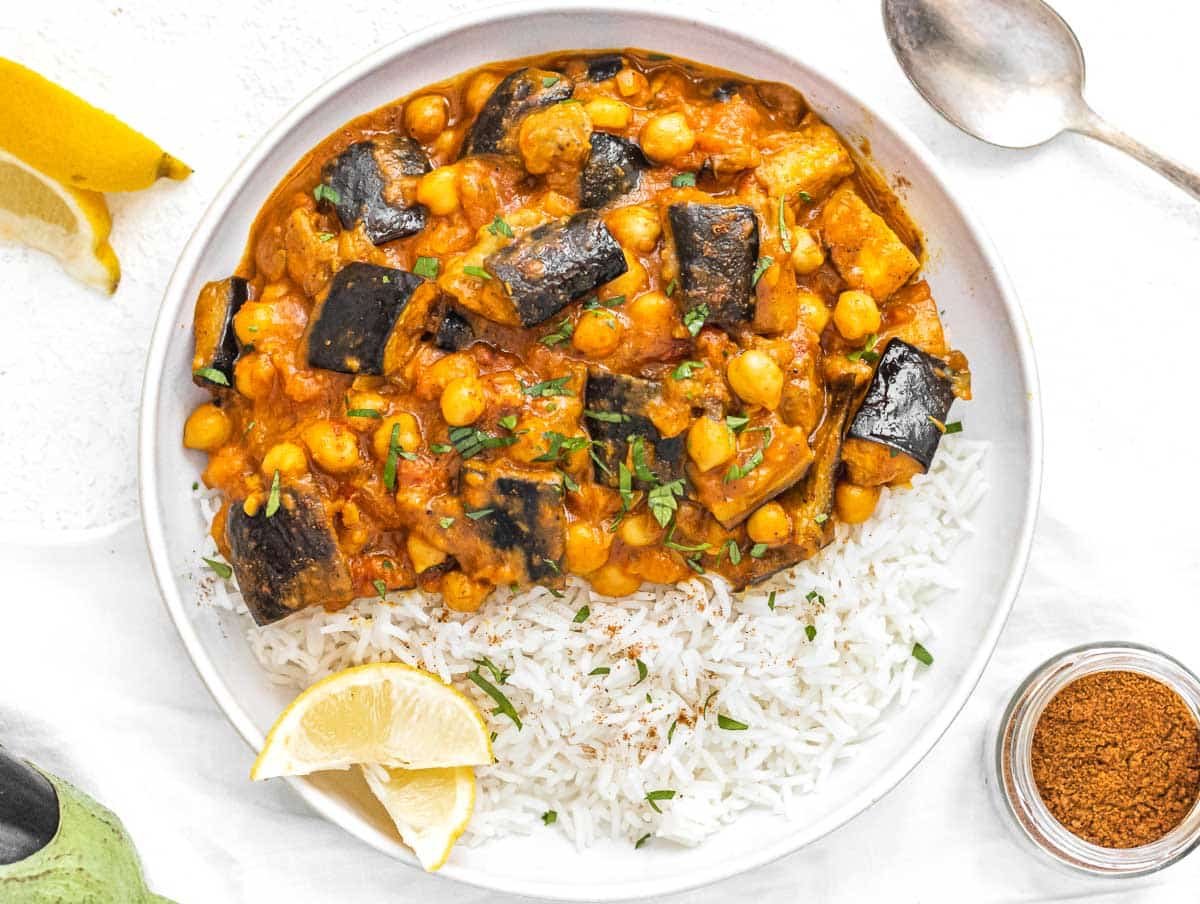Eggplant curry with white rice