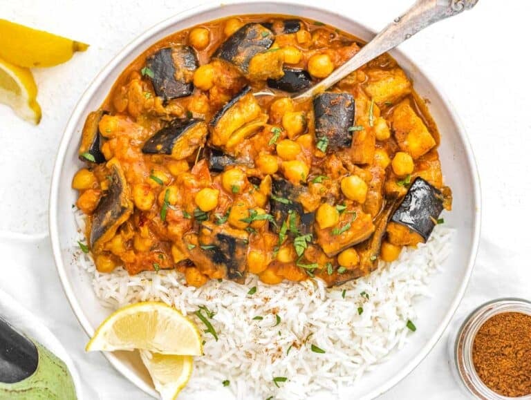 Eggplant curry with rice and lemon