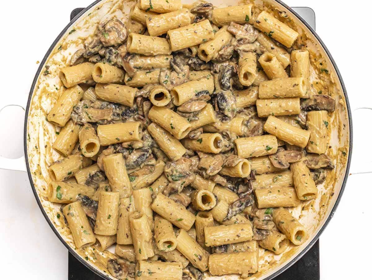 Hummus pasta in skillet